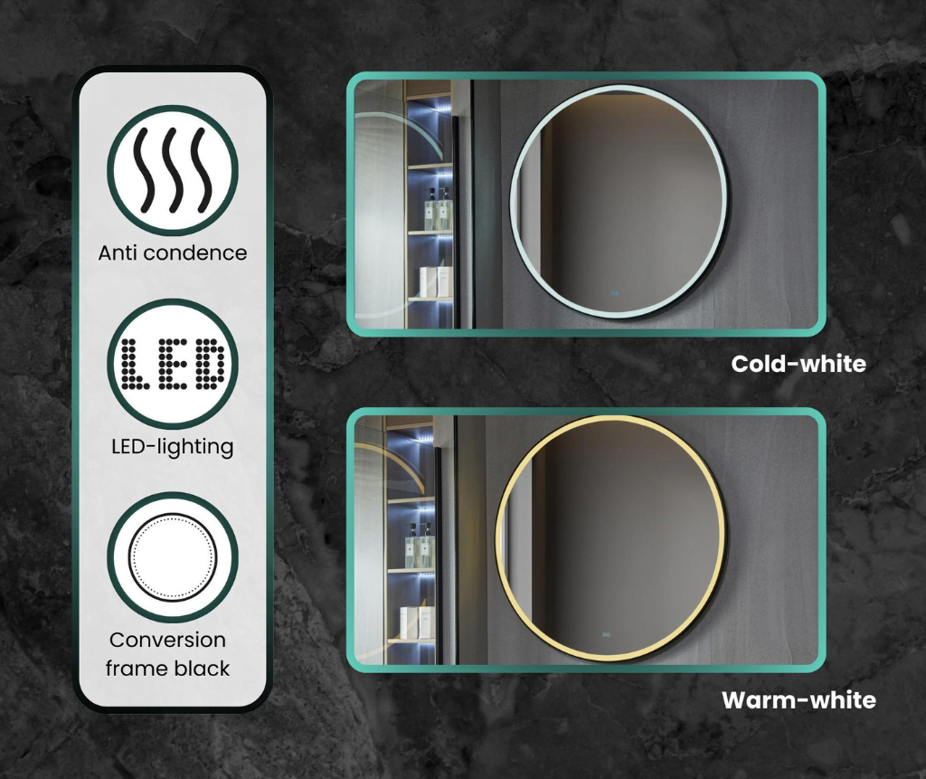 Anti-condens, led verlichting met 2 kleuren en een zwarte ombouw frame